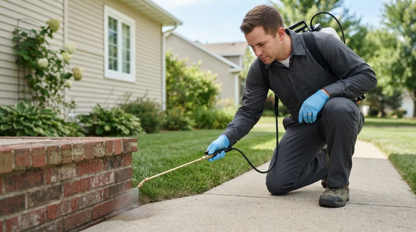 Pest control technician treating a home near Idanha, OR